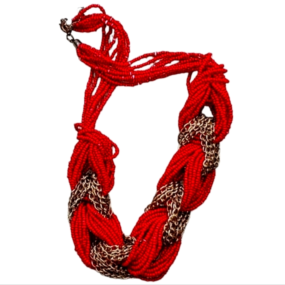 RED BEADS & GOLD CHAINS Big Thick Chunky Bold Statement Necklace 18"